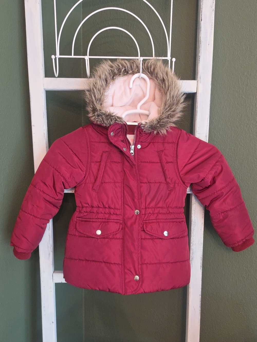 Carter's Hooded Puffer Jacket in Burgundy with Faux-Fur Trim